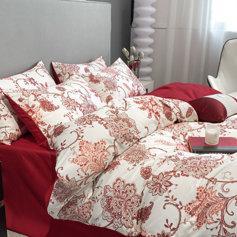 SIMPLE PRINT WEDDING FOUR-PIECE SET OF PURE COTTON RED BED SHEETS AND QUILT COVERS HIGH-END LUXURY COTTON WEDDING BEDDING