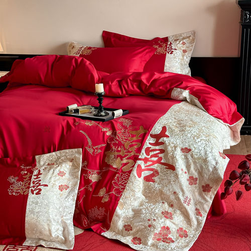 不掉色不起球中式红色婚庆四件套