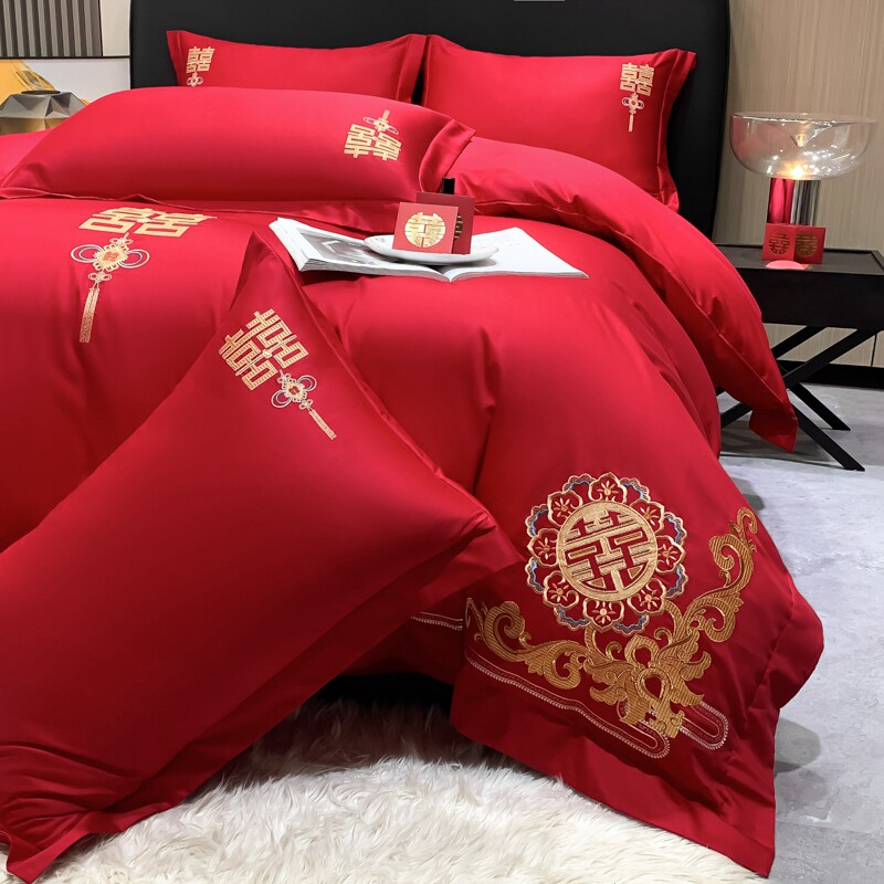 HIGH-END CHINESE EMBROIDERY WEDDING FOUR-PIECE SET OF BIG RED BED SHEETS QUILT COVER COTTON COTTON WEDDING BEDDING WEDDING QUILT