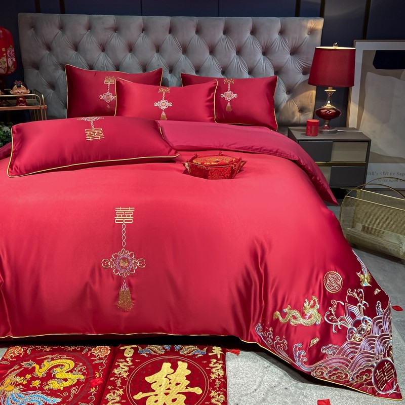 HIGH-END LUXURY EUROPEAN EMBROIDERY WEDDING FOUR-PIECE SET COTTON BIG RED BED SHEET DUVET COVER COTTON WEDDING BEDDING