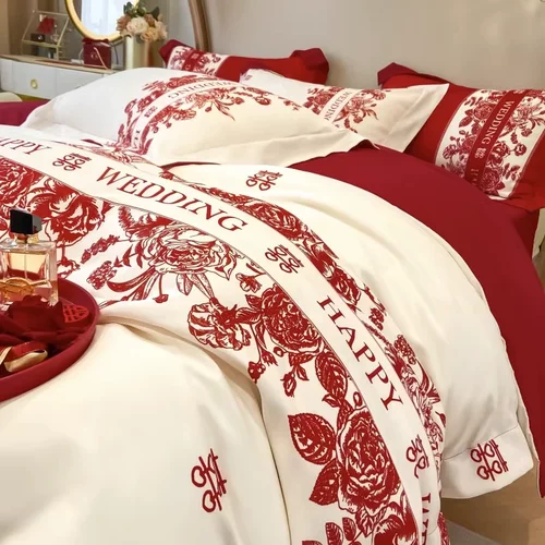中式红色结婚四件套不掉色不起球