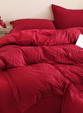 高档轻奢玫瑰结婚四件套红色纯棉婚庆喜被套新婚陪嫁床上用品婚房