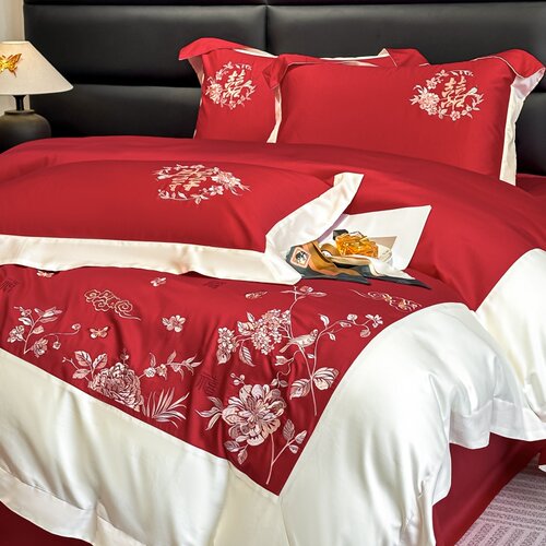 不掉色不起球中式红色婚庆四件套