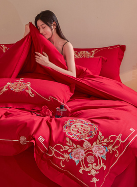 超级好看的中式结婚四件套红色婚庆被套纯棉新婚陪嫁床上用品婚房