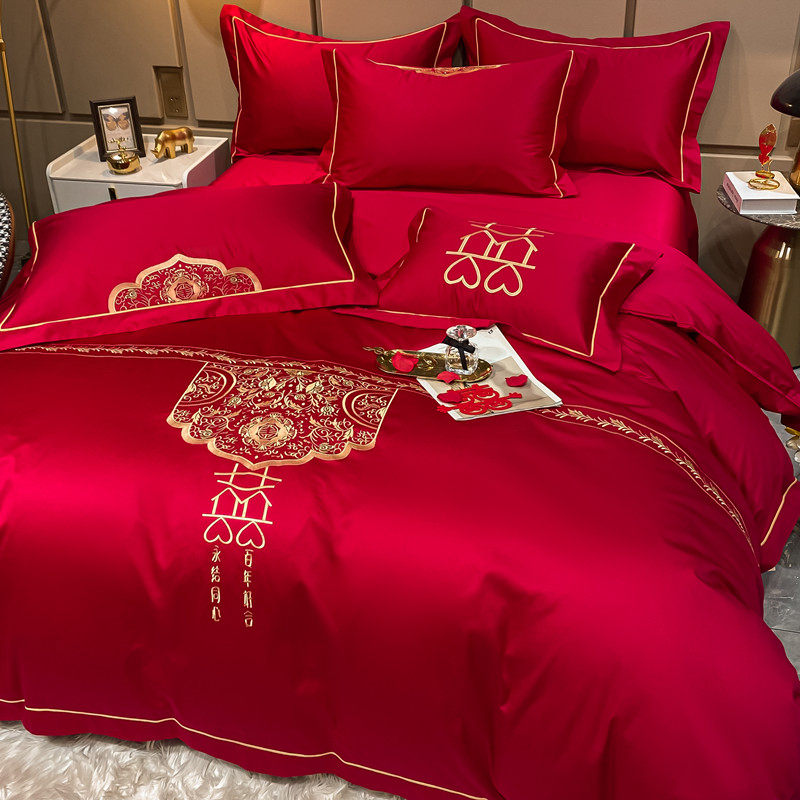 CHINESE EMBROIDERY WEDDING FOUR-PIECE SET OF BIG RED SHEETS QUILT COVER HIGH-END LUXURY COTTON COTTON WEDDING BEDDING