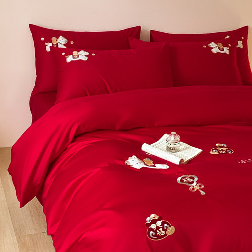 不掉色不起球中式红色婚庆四件套