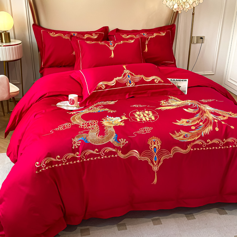 高档龙凤刺绣婚庆四件套大红色纯棉床单被套全棉结婚床上用品婚房