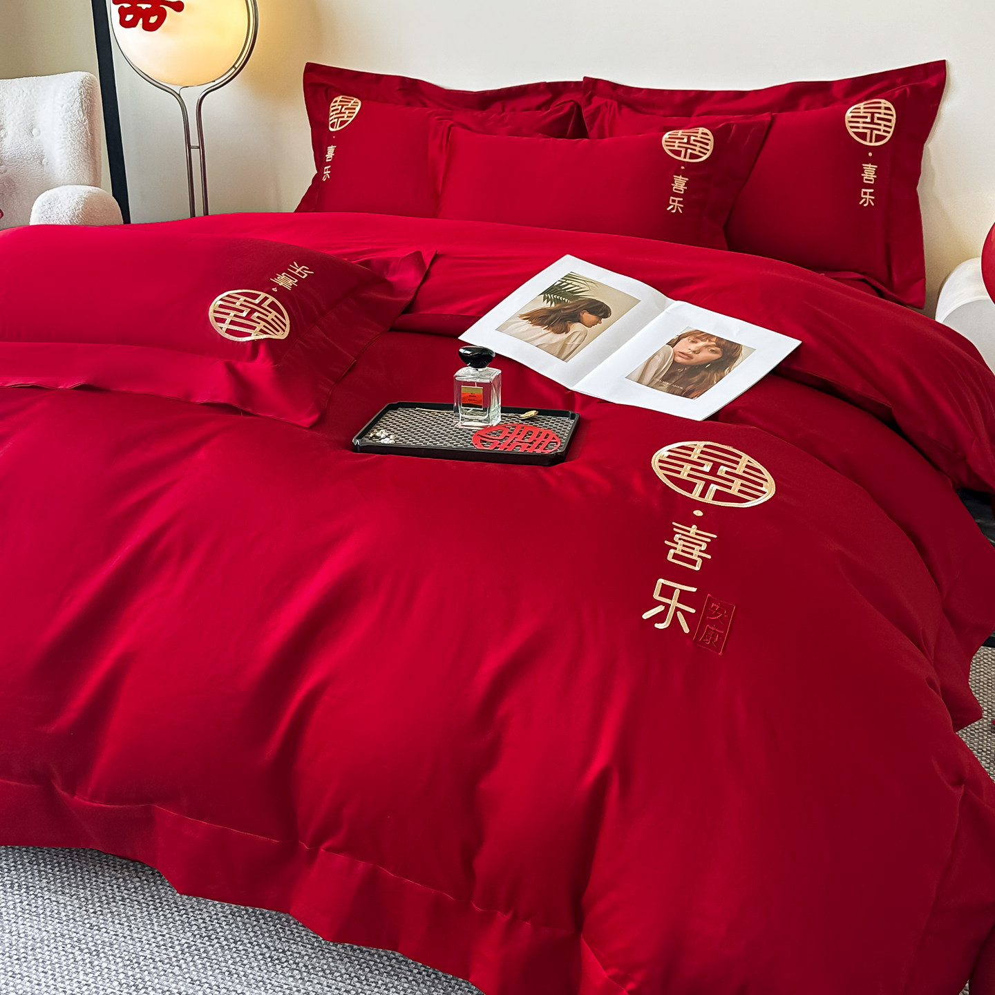 新中式结婚四件套红色婚庆被套纯棉高档婚房喜被婚礼床上用品陪嫁,床上用品,婚庆床品套件,淘宝优惠券,粉丝福利购,淘宝优惠卷