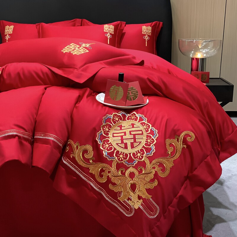 HIGH-END CHINESE EMBROIDERY WEDDING FOUR-PIECE SET OF BIG RED BED SHEETS QUILT COVER COTTON COTTON WEDDING BEDDING WEDDING QUILT