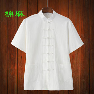 夏季唐装男短袖棉麻亚麻薄款中国风复古中老年半袖汉服父亲爸爸装