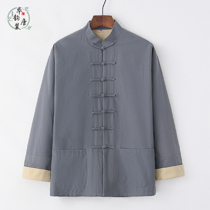 TRADITIONAL TANG COSTUME MENS RETRO CHINESE JACKET FOR MIDDLE-AGED AND ELDERLY PEOPLE IN SPRING AND AUTUMN LONG SLEEVES AND AUTUMN CHINESE STYLE SLEEVES COTTON TAI CHI SUIT