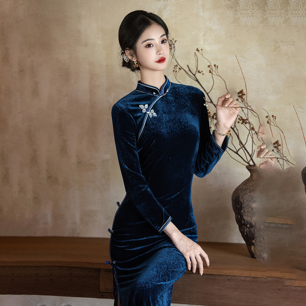 春秋新款丝绒旗袍深蓝色长袖新中式改良日常连衣裙大码显瘦女1092