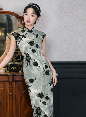 古着高端黑玫瑰旗袍无袖中式改良日常连衣裙水墨画复古优雅夏1230