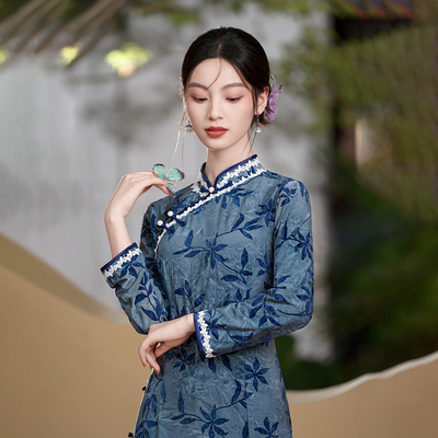 春秋新款长袖旗袍复古蓝色印花色中式连衣裙民族风扎染丝绒女2251