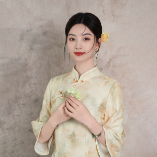 国风1638 黄色旗袍复合蕾丝文艺复古温婉年轻新中式 古着 春秋新款