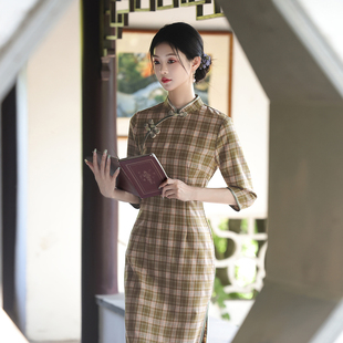春秋新款旗袍绿色格子中式复古民国风文艺连衣裙大学生书卷气7217