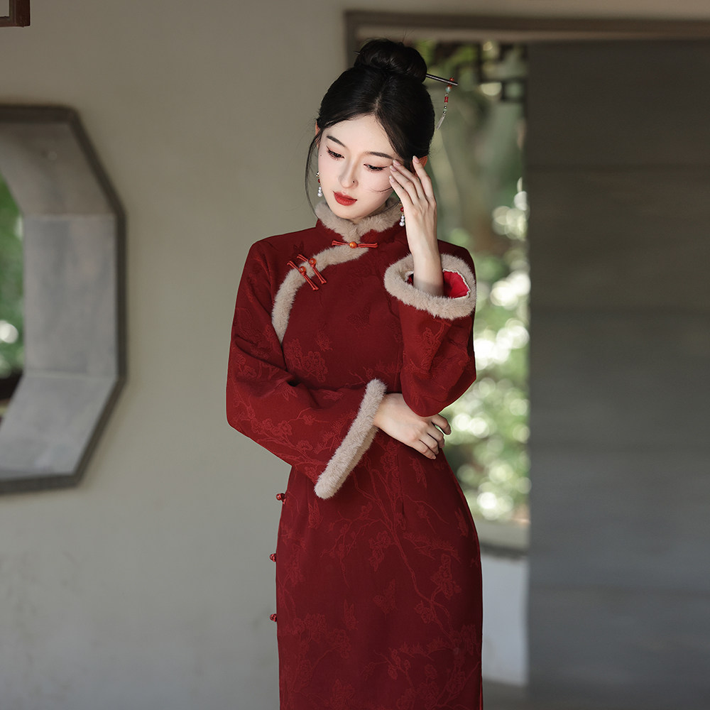 秋冬新款旗袍暗红色加绒加厚保暖提花中式复古喜庆女装显白女7218