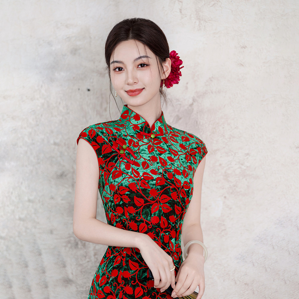 春秋新款丝绒旗袍红绿色中式改良日常连衣裙无袖优雅女人复古1598