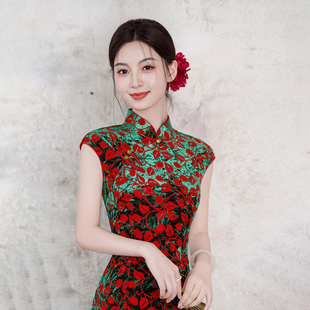 春秋新款丝绒旗袍红绿色中式改良日常连衣裙无袖优雅女人复古1598