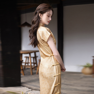 古着传统古法全开襟旗袍黄色新款夏复古文艺一片式连衣裙送考3162