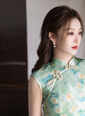 古着 新款绿色花朵旗袍日常优雅绝美气质高端改良无袖连衣裙3171