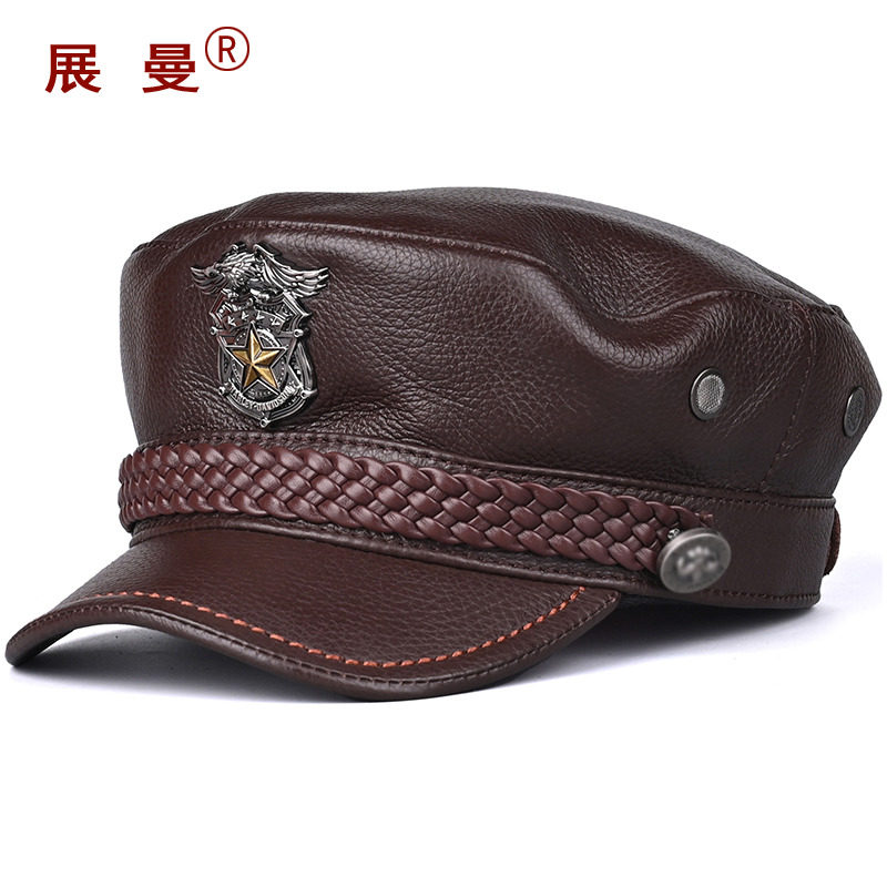 头层牛皮男士秋冬潮流机车平顶帽