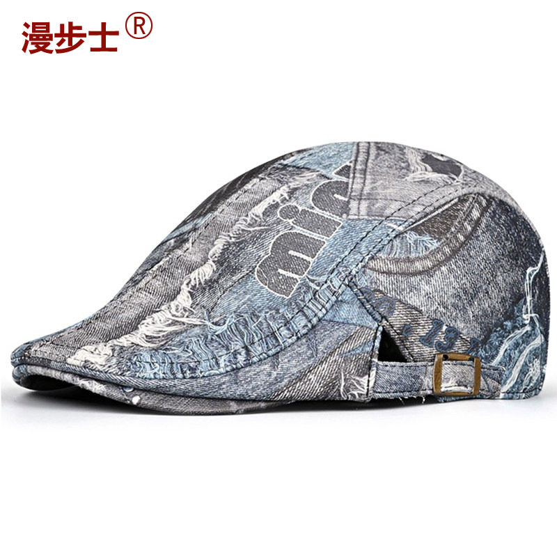 真皮韩版鸭舌帽男女潮人羊皮帽子秋冬季前进帽英伦画家帽新款印花