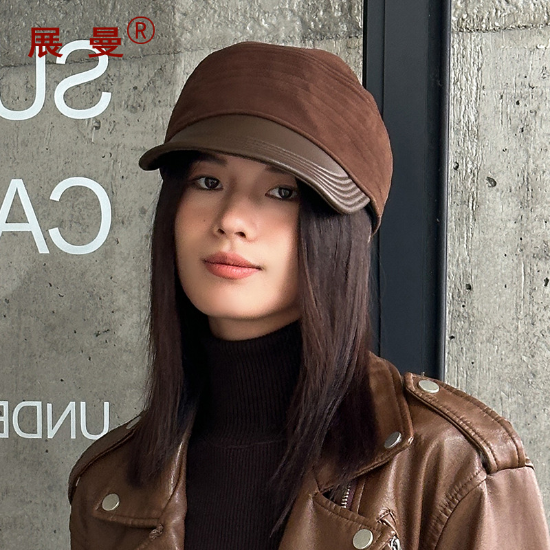 2025新款秋冬羊皮反绒鸭舌帽子女休闲显脸小真皮平顶帽气质款百搭