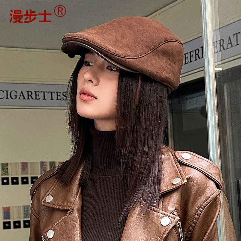 秋冬季英伦复古真皮帽子男女鸭舌帽网红休闲贝雷帽羊皮反绒前进帽