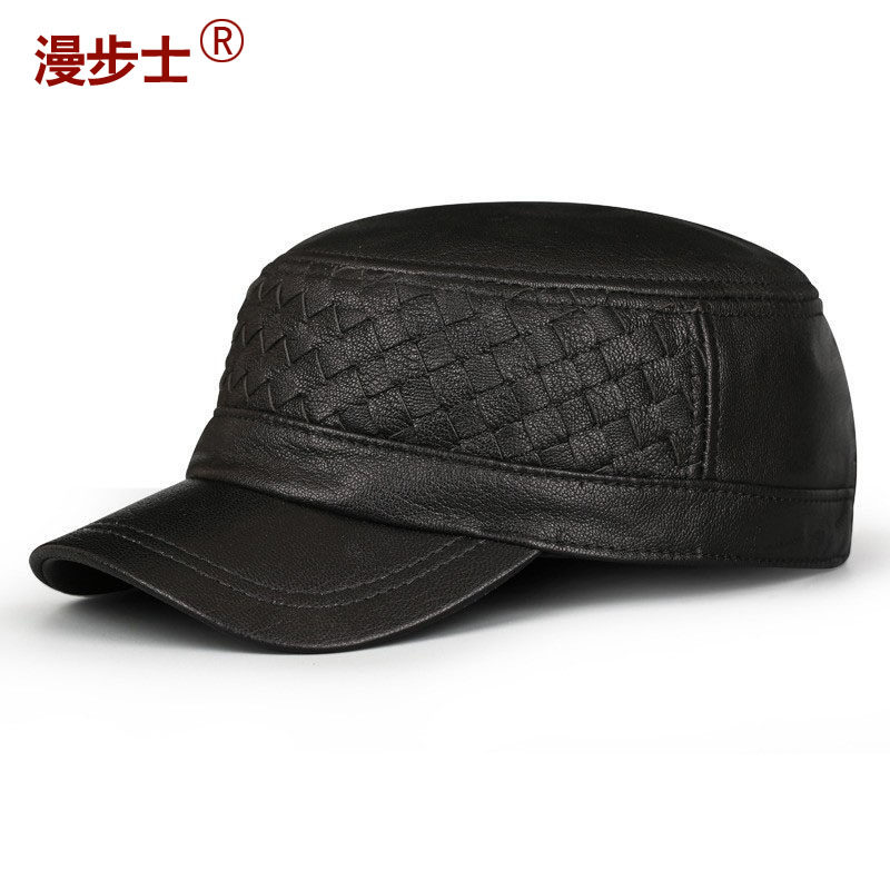 羊皮平顶帽男秋冬户外真皮帽子
