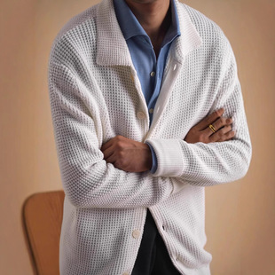 秋冬重磅100%全棉毛衣男高级感商务休闲宽松翻领提花针织开衫外套