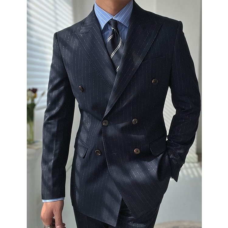 春秋意式绅士金丝条纹双排扣西服套装商务正装戗驳领高级感男套装