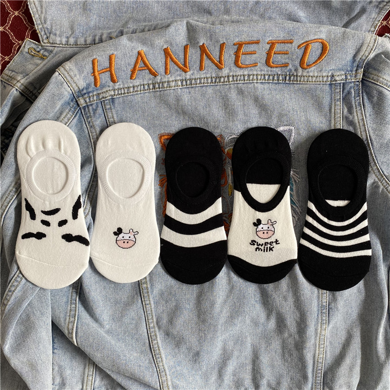 包邮5双装夏季袜子女潮流ins韩国浅口硅胶个性斑纹奶牛短筒袜子女