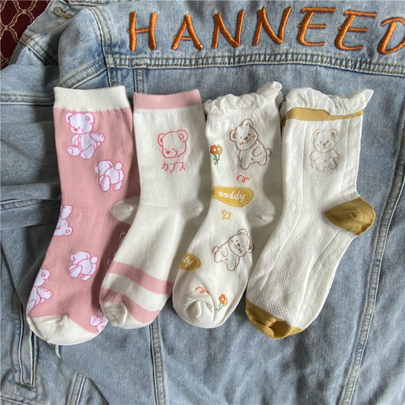 包邮4双装卡通中筒袜子女ins个性日系泡沫熊薄款四季百搭中短筒袜