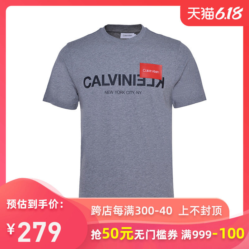 Calvin Klein/凯文克莱男装体恤衫新款时尚撞色印花纯棉男短袖T恤