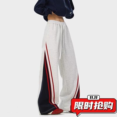 美式撞色条纹运动卫裤男女秋潮牌hiphop休闲长裤复古宽松阔腿ER55