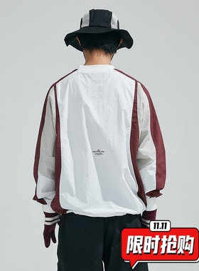 美式复古拼接插肩袖套头外套男女秋季学院风运动夹克百搭上衣ER06