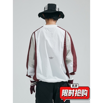 美式复古拼接插肩袖套头外套男女秋季学院风运动夹克百搭上衣ER06