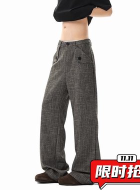 老钱风千鸟格西裤男款春季穿搭美式深灰色高腰西装裤高级感长ER41