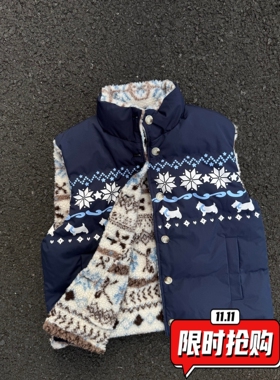 韩系费尔岛双面穿棉服男秋冬加厚保暖羊羔绒外套美式情侣坎肩ER38