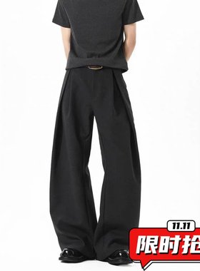 叠褶垂感直筒西裤男秋季美式深灰色宽松休闲裤男士简约通勤裤ER78