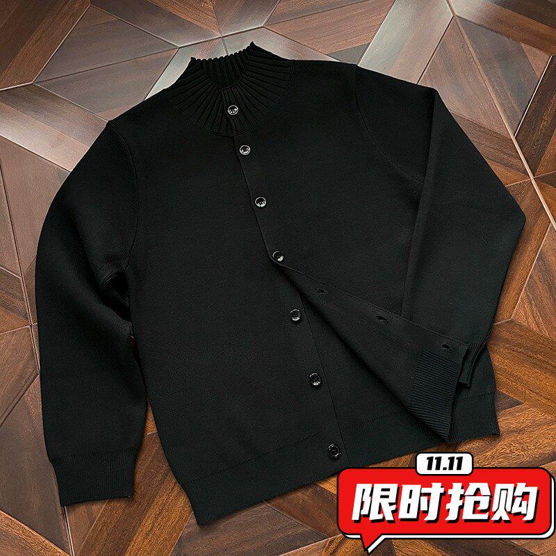 黑色螺纹半高领针织开衫男款秋冬穿搭韩版修身高级感立领毛衣ER29