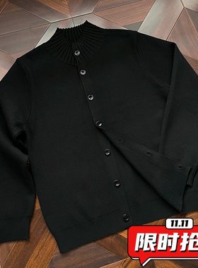 黑色螺纹半高领针织开衫男款秋冬穿搭韩版修身高级感立领毛衣ER29