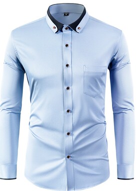 四面弹力衬衫男拼色钻扣翻领衬衣商务休闲免烫抗皱正装款F-74