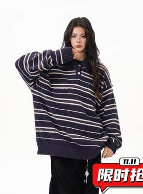 蓝色条纹polo领针织衫女款冬季美式慵懒老钱风毛衣翻领内搭打ER17