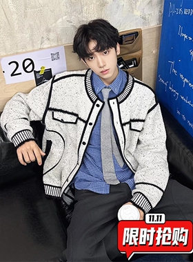 秋冬法式小香风针织开衫外套男款复古撞色慵懒高级感小众圆领ER42