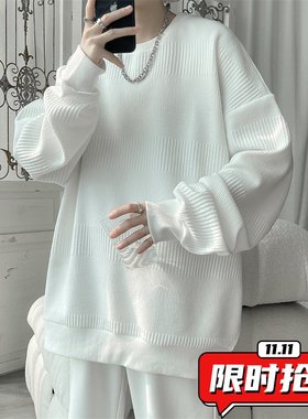 灰色提花长袖体恤男士春秋季痞帅潮牌宽松大码上衣休闲圆领打ER30