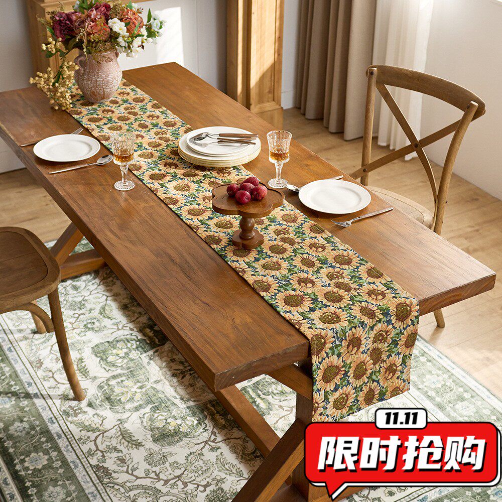 美式提花桌旗欧式复古向日葵电视柜斗柜子茶几装饰布餐桌长条DA48