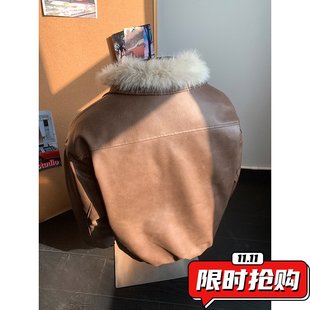 美式 保暖加厚座山雕外ER10 复古大毛领翻领拼接PU皮衣棉服男女冬季