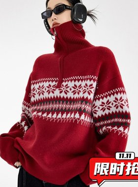 美式休闲费尔岛半拉链套头红色毛衣男女秋冬季新款宽松针织衫ER61